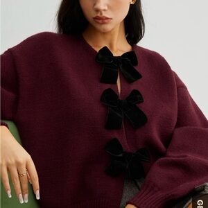 NWT Elegant Burgundy Sweater with Black Bow Accents